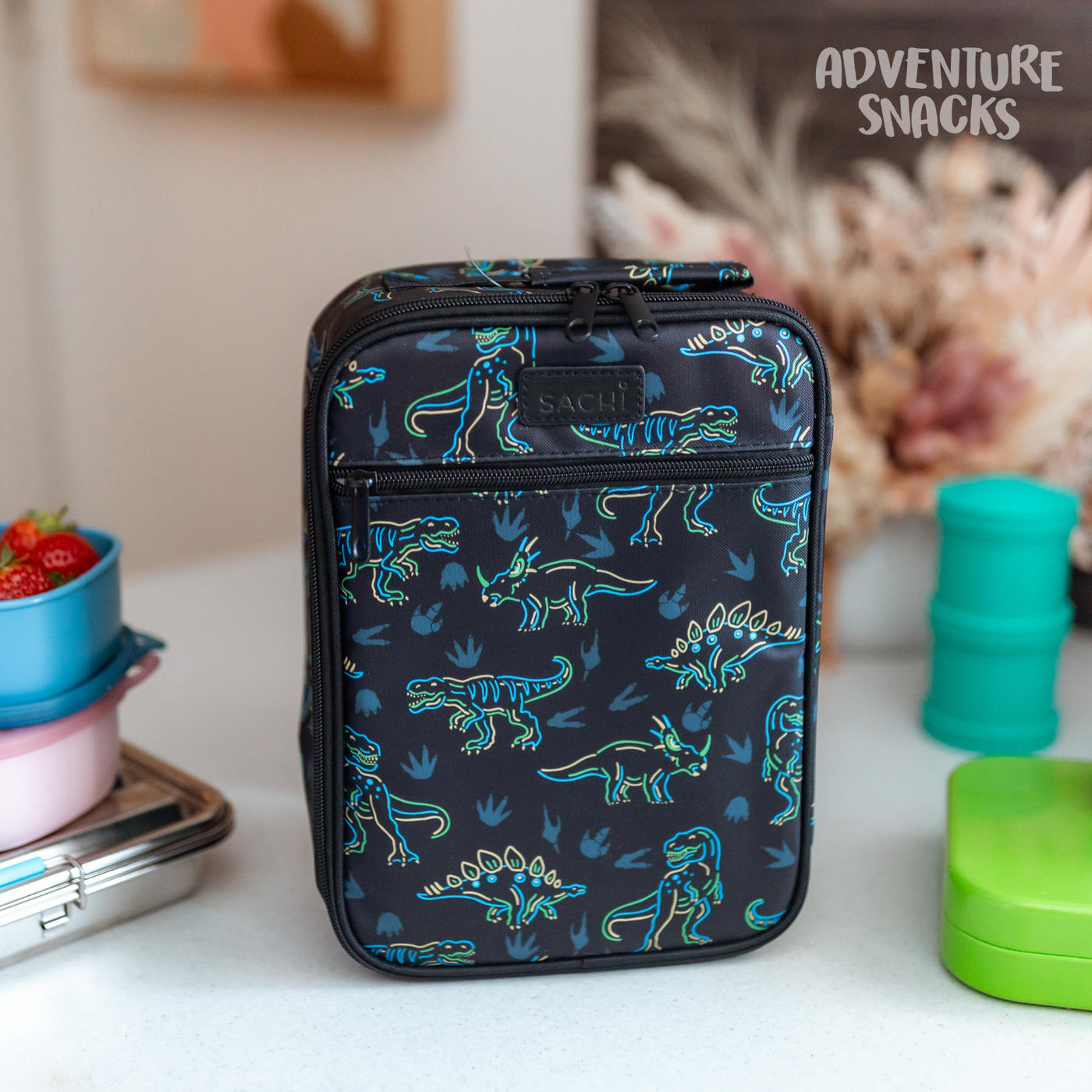Sachi Insulated Lunch Tote & Bottle Bundle - Neon Dinosaur