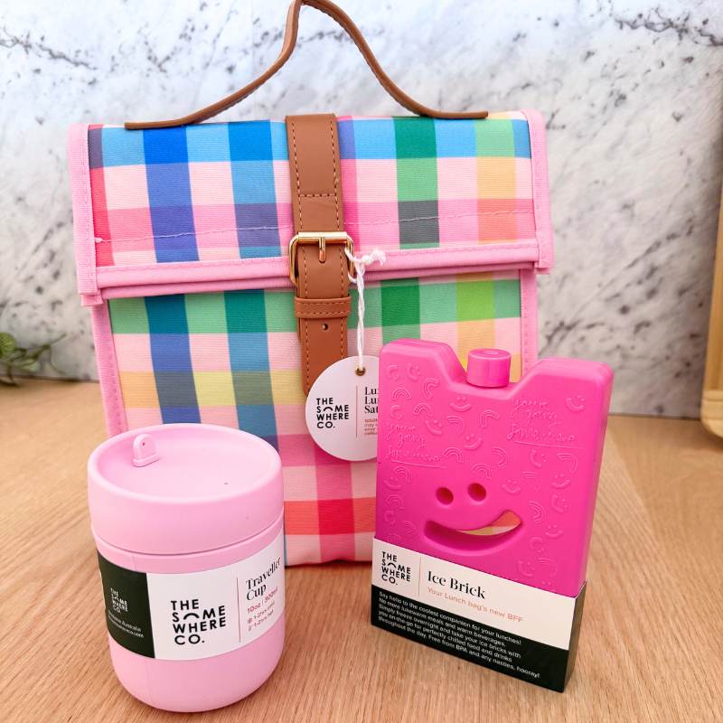 The Somewhere Co Ice Brick, Traveller Cup & Lunch Satchel Set - Pink