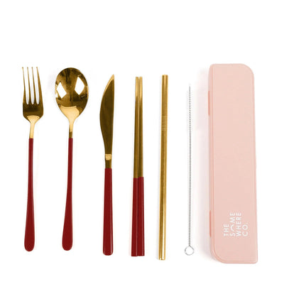 The Somewhere Co Cutlery Set- Gold with burgundy handles