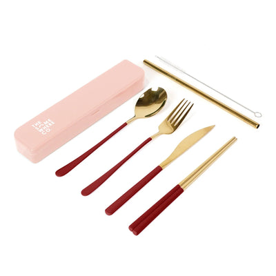 The Somewhere Co Cutlery Set- Gold with burgundy handles