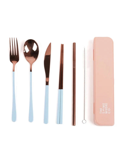 The Somewhere Co Cutlery Kit- Rose Gold with Powder Blue Handle