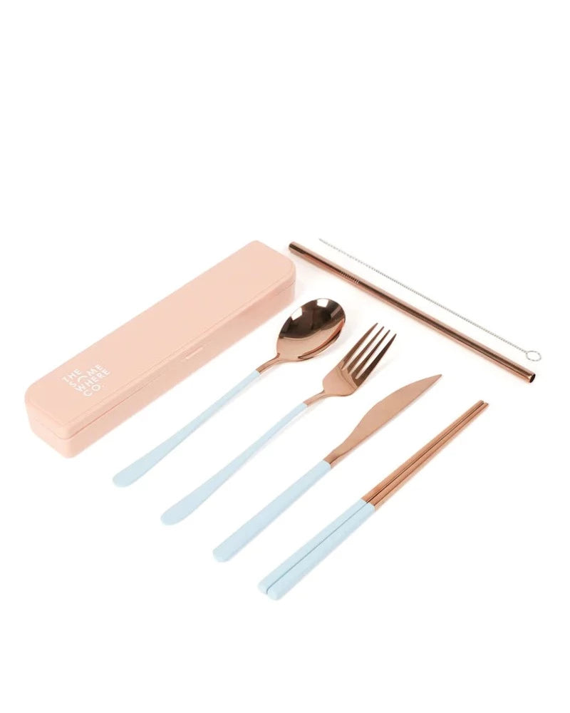 The Somewhere Co Cutlery Kit- Rose Gold with Powder Blue Handle