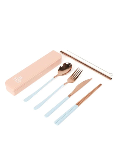 The Somewhere Co Cutlery Kit- Rose Gold with Powder Blue Handle