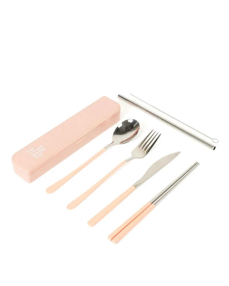 The Somewhere Co Cutlery Kit- Silver with Blush Handle