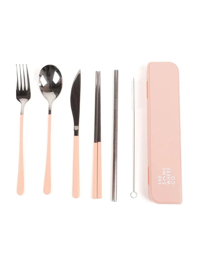 The Somewhere Co Cutlery Kit- Silver with Blush Handle