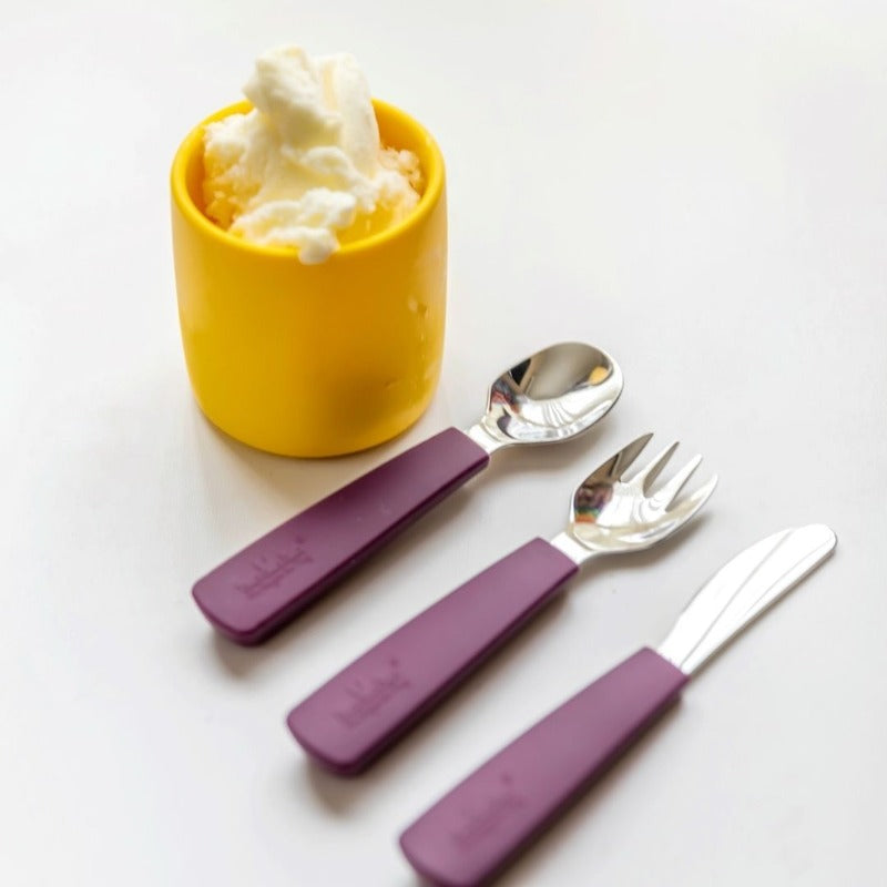 We Might Be Tiny Toddler Feedie Cutlery Set Plum